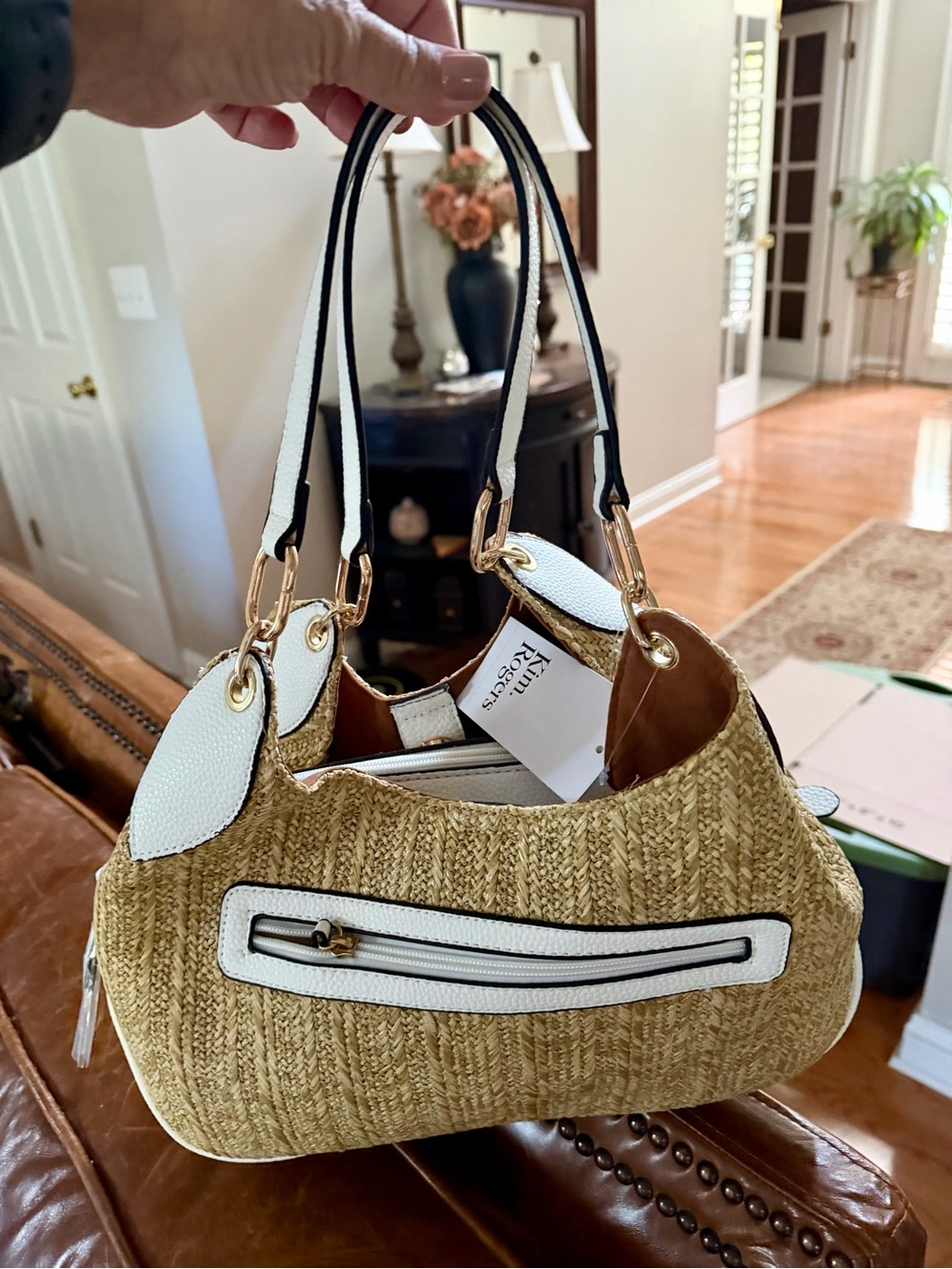 Kathy Van Zeeland Natural Straw Shoulder Bag with White Trim